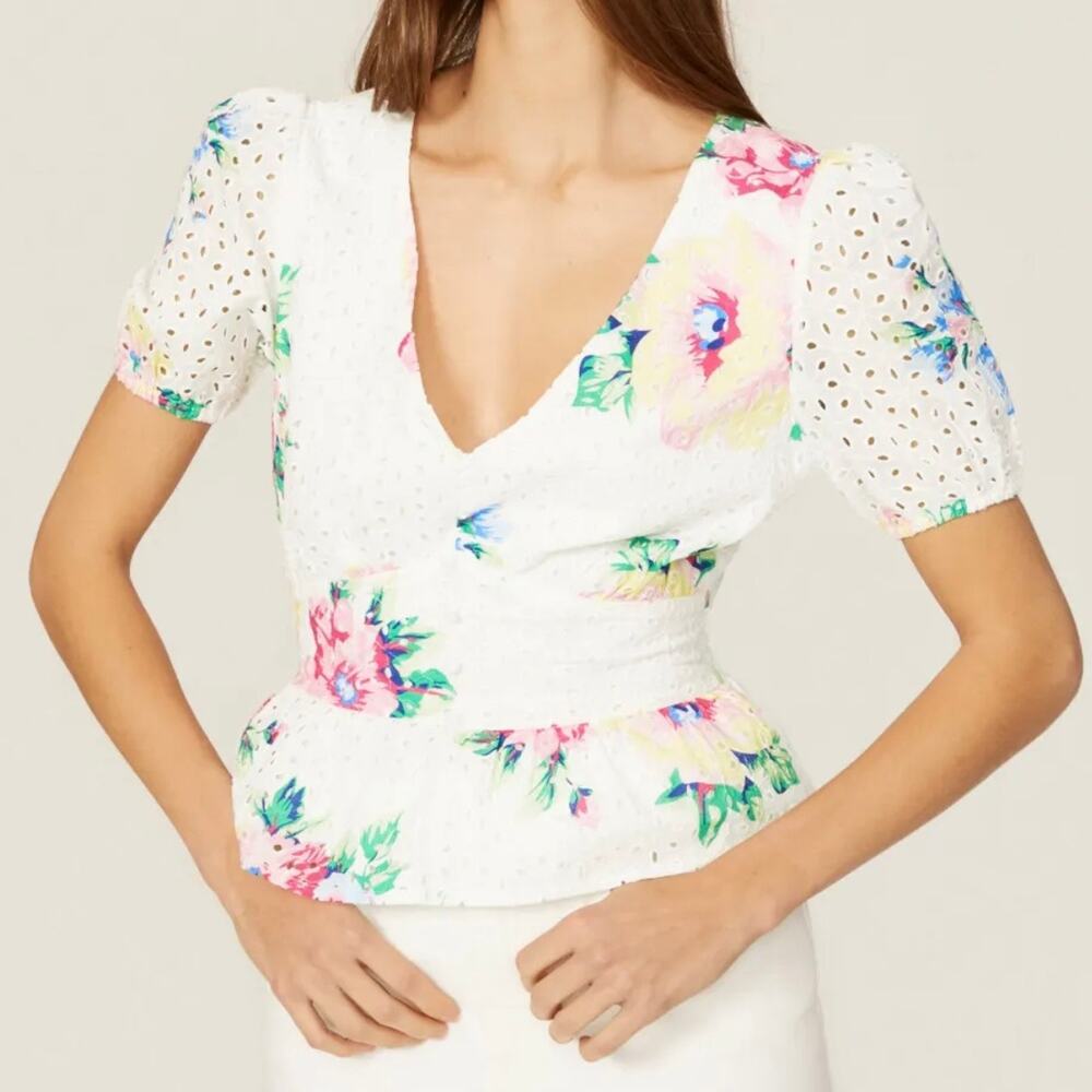 Slate & Willow Floral Tie Peplum Top Women's Medium White Multicolored
